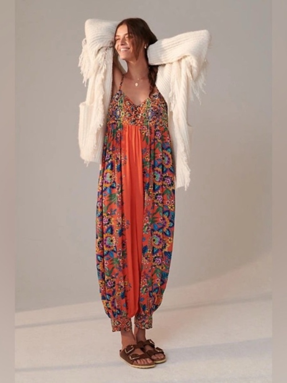Anthropologie Orange Floral Harem Jumpsuit
